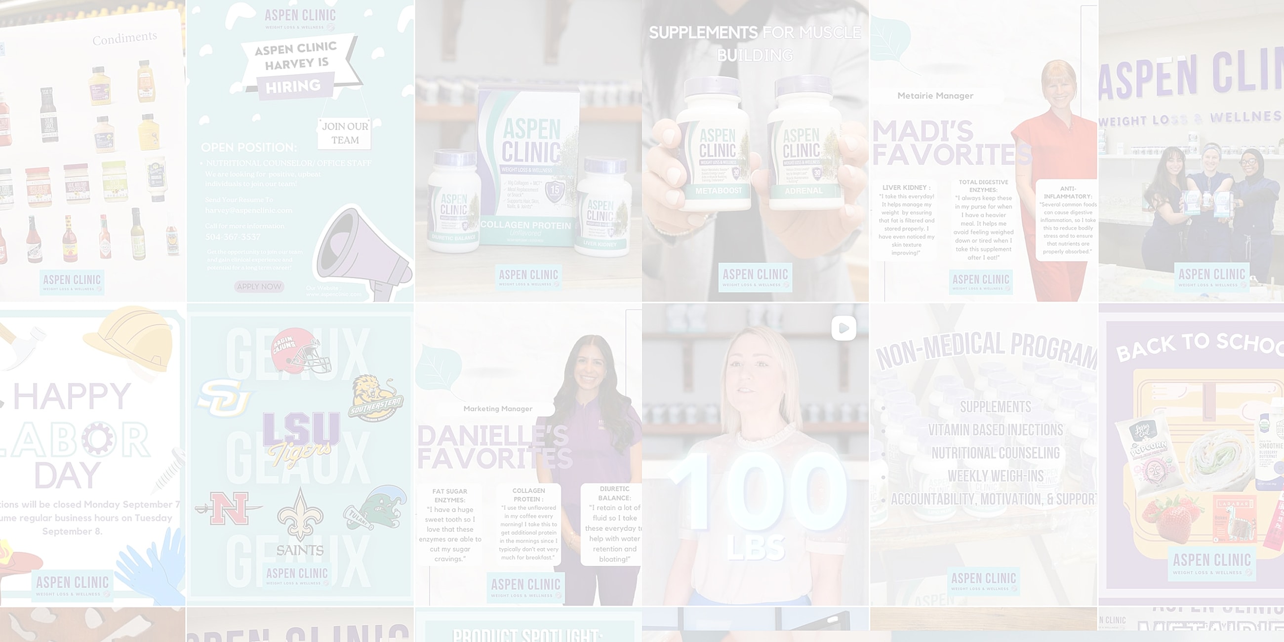 Aspen Clinic promotions and wellness products showcase.