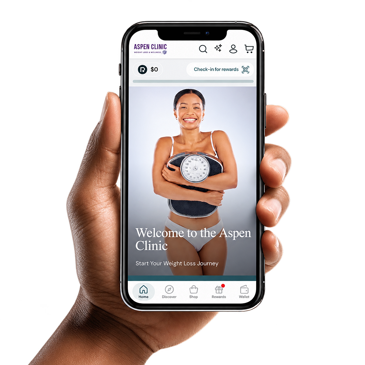 Mobile phone displaying Aspen Clinic weight loss app.