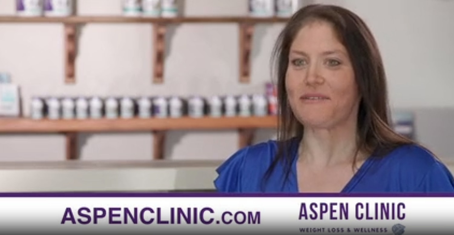 Woman promoting Aspen Clinic's weight loss services.